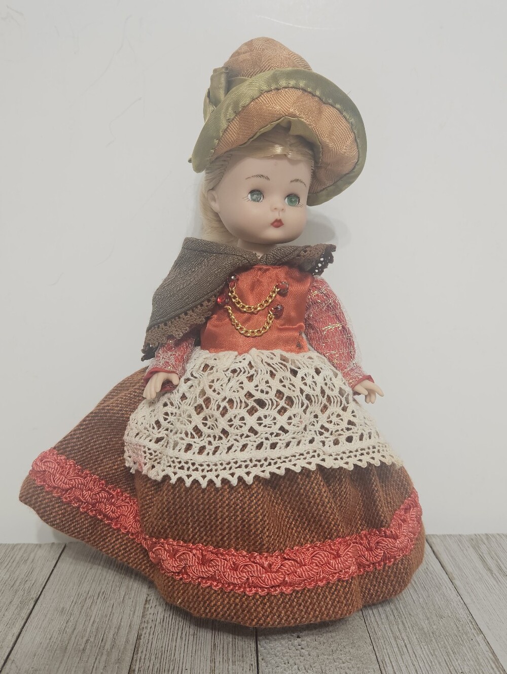 Vintage 10" Doll with Blonde Hair Bun in Hat and Multi-Colored Lace Dress Collec
